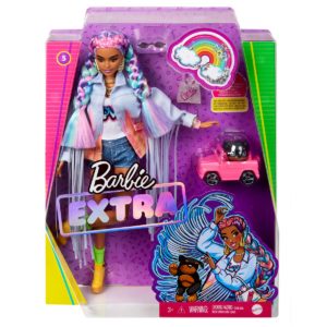 Barbie Doll and Accessories, Barbie Extra Fashion Doll with Crimped Hair  and Fluffy Pink Coat, Pet Unicorn-Pig
